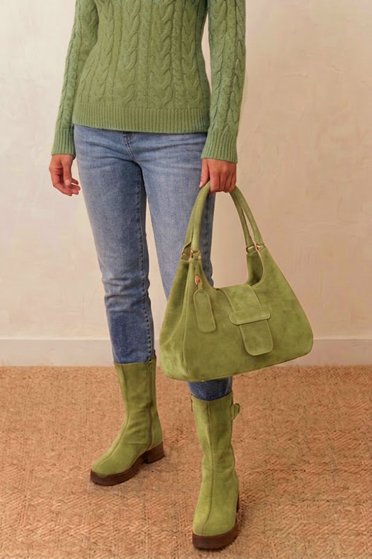 Dress ankle boots inside zip in pistachio green leather with thick rubber soles and round toe - Worn view